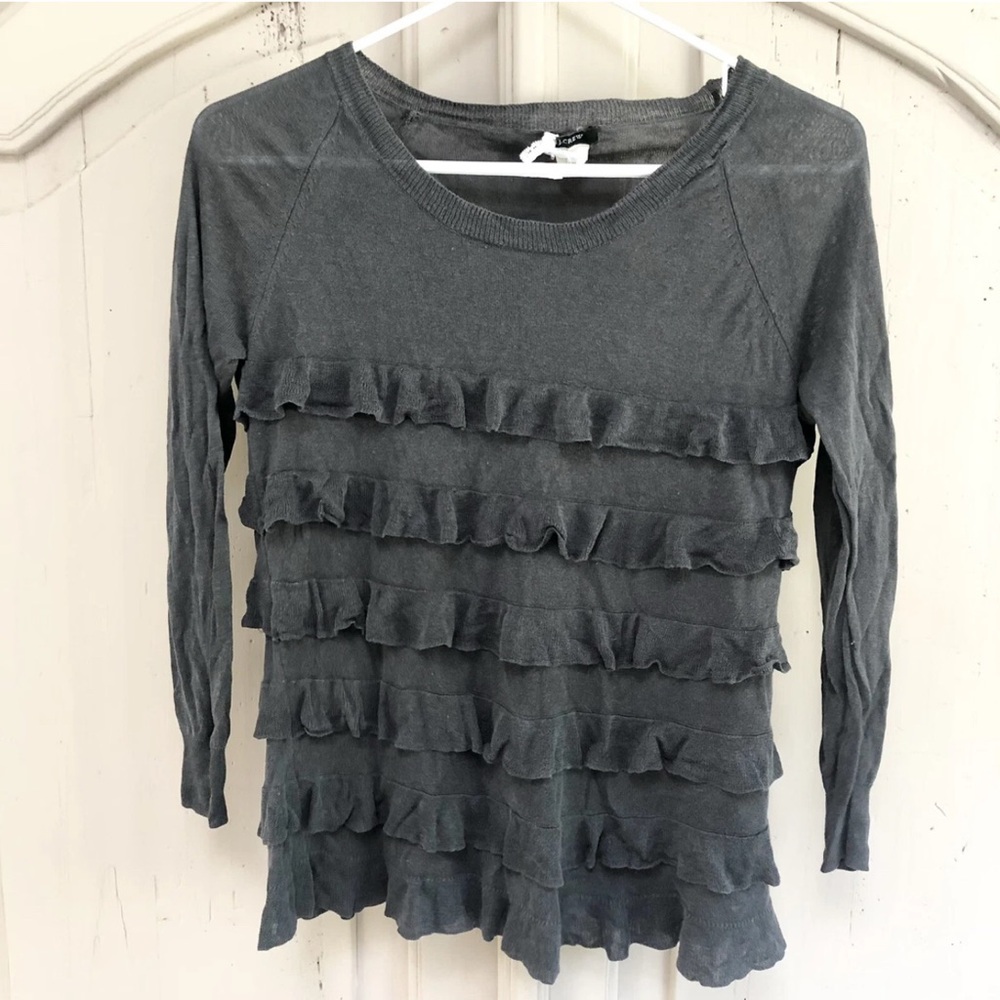 J. Crew Gray Ruffled Crew Neck Sweater